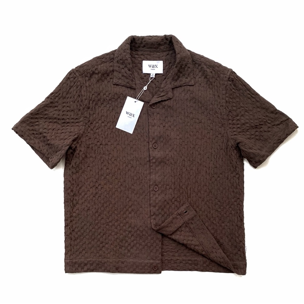 NWT Wax London S/S ‘25 Lido Brown Dobby Cotton Weave Short-Sleeve Shirt
